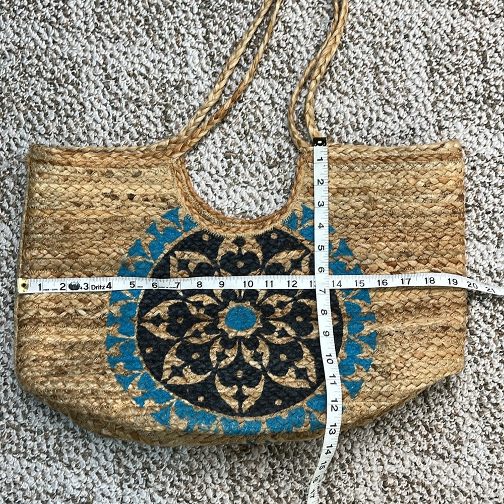 ANTIK KRAFT 100% JUTE Natural Woven Boho Large Tote Bag Blue Mandala Medallion - Picture 10 of 12